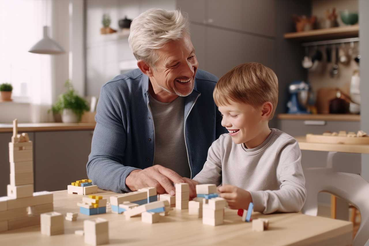 Großvater und Enkelkind spielen gemeinsam mit Holzspielzeug