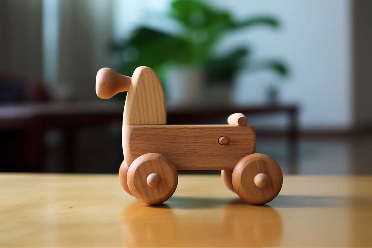 Fahrzeug für Babys aus Holz mit vielen abgerundeten Ecken und einfachen Formen