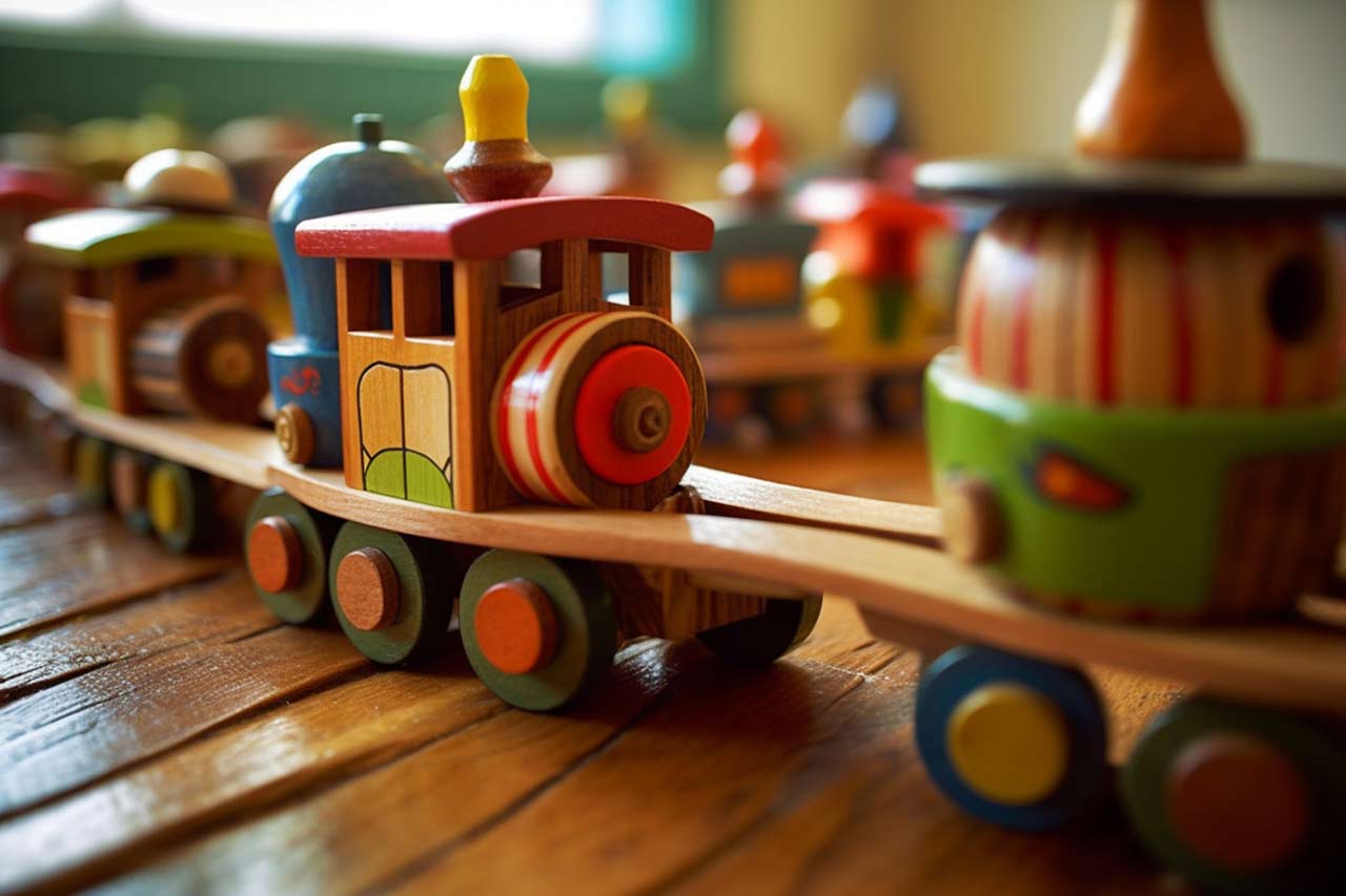 Ein Holzspielzeug, das oft quietscht: Ein bunter Spielzeug-Zug mit vielen Rädern