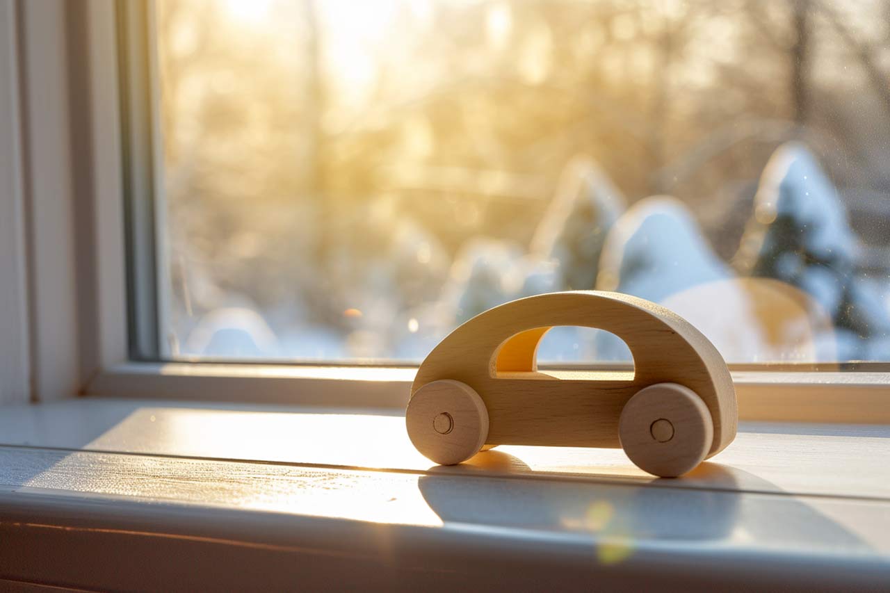 Holzauto für Kinder steht auf einer Fensterbank im Sonnenlicht