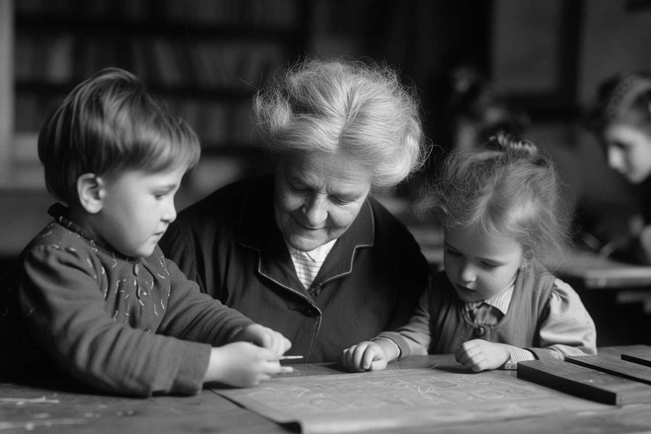 Maria Montessori und zwei Kinder spielen gemeinsam mit Klötzen aus Holz (Symbolbild)